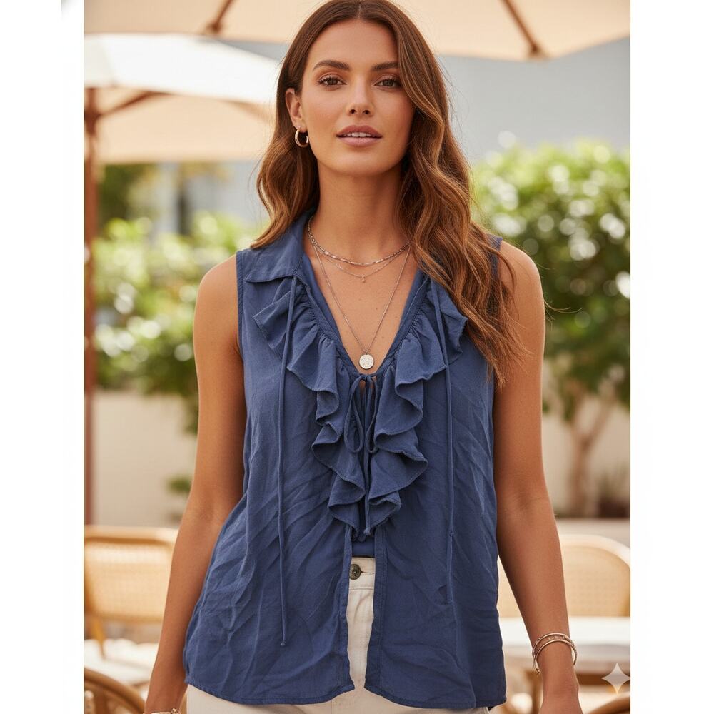 Harlow Blue Ruffle Sleeveless Top | Size Medium | Boho Cottagecore Blouse Blue